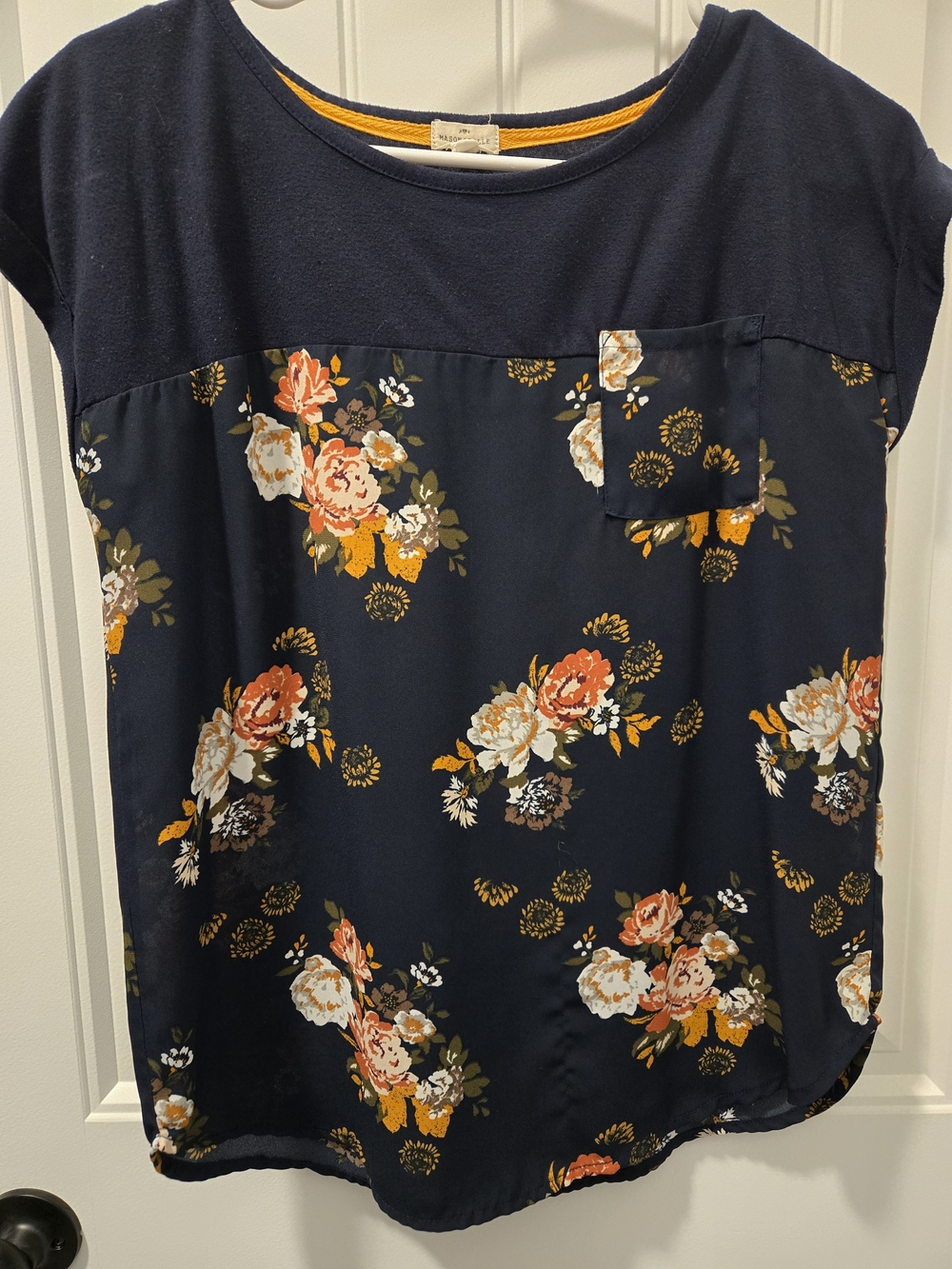 Navy Floral Mixed-Media Short Sleeve Blouse